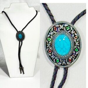 Silver-tone and turquoise-tone and black cord bolo tie